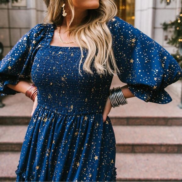 Ivy City Co Starry Nights Dress Navy Blue Gold Stars Size Medium - Picture 3 of 7